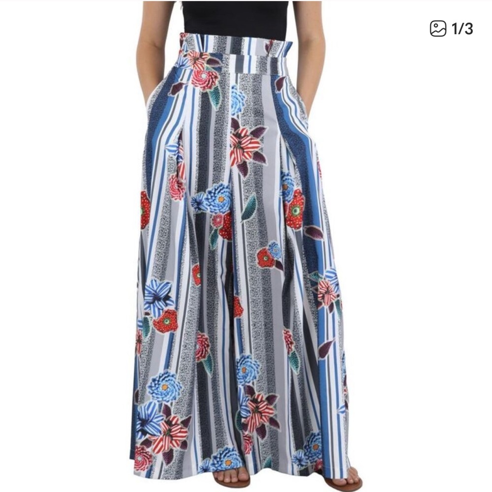 Gracia Womens Blue Wide Leg Pleated Stripe High-Waisted Pants Trousers floral